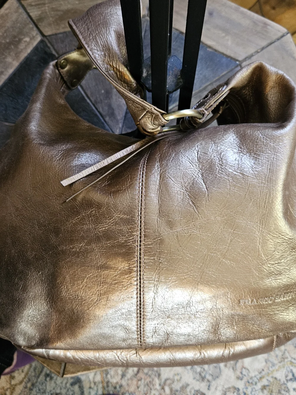 Franco Sarto Metallic Bronze Hobo Bag Coin Trim Slouchy Boho Shoulder Glam Purse